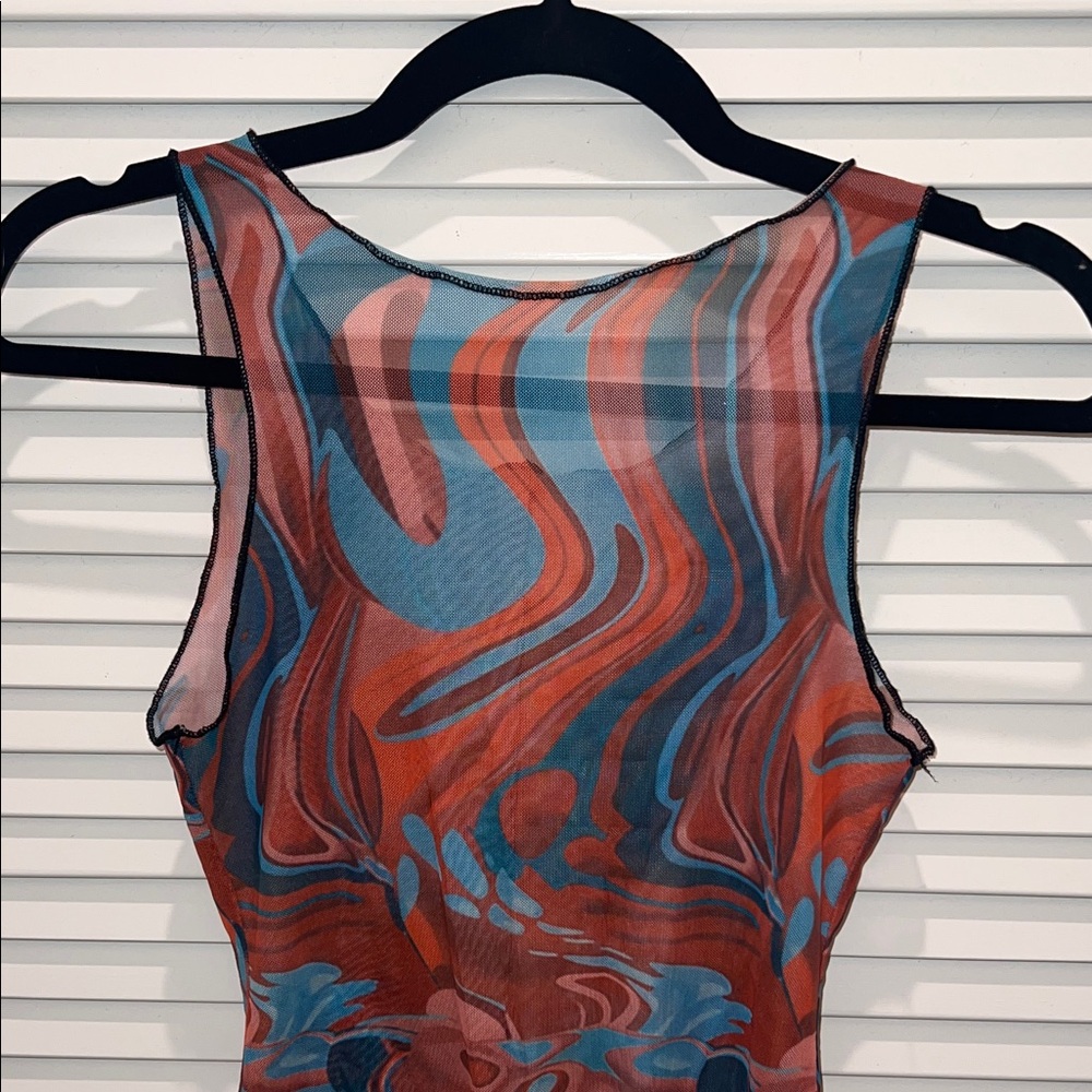 Turquoise and Orange See-through Swirl Pattern Bodysuit - Picture 5 of 11